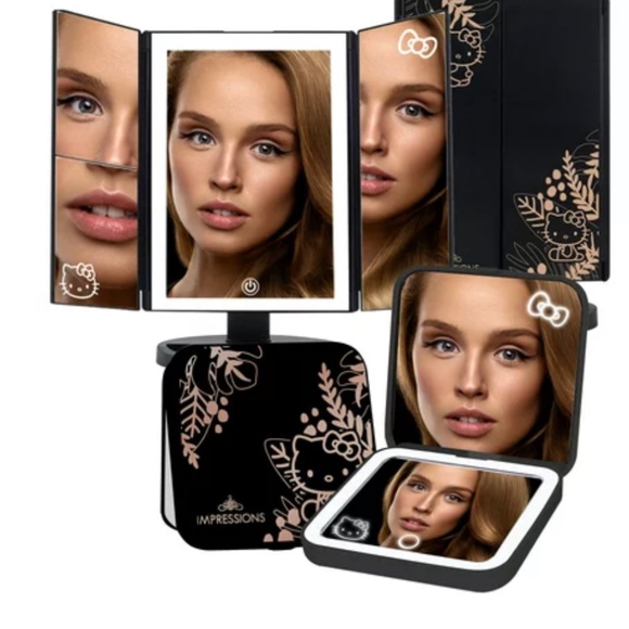 🍀 Impressions Vanity Hello Kitty 🍀 Black Trifold Compact Makeup Mirror Set 🍀 - Picture 1 of 11